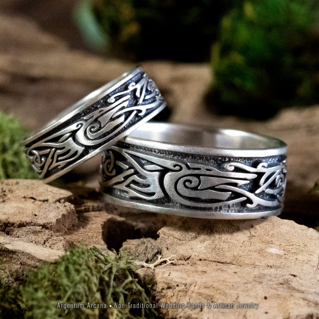 His and Hers Viking Wolf Wedding Rings - Argentum Arcana Artisan Jewelry