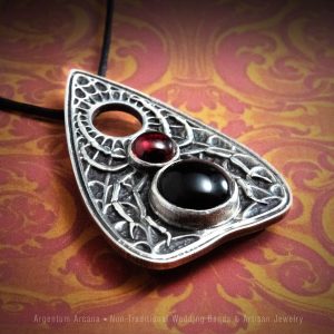 Gothic style Ouija Planchette Pendant and necklace with Spider design and natural garnet and onyx gemstones